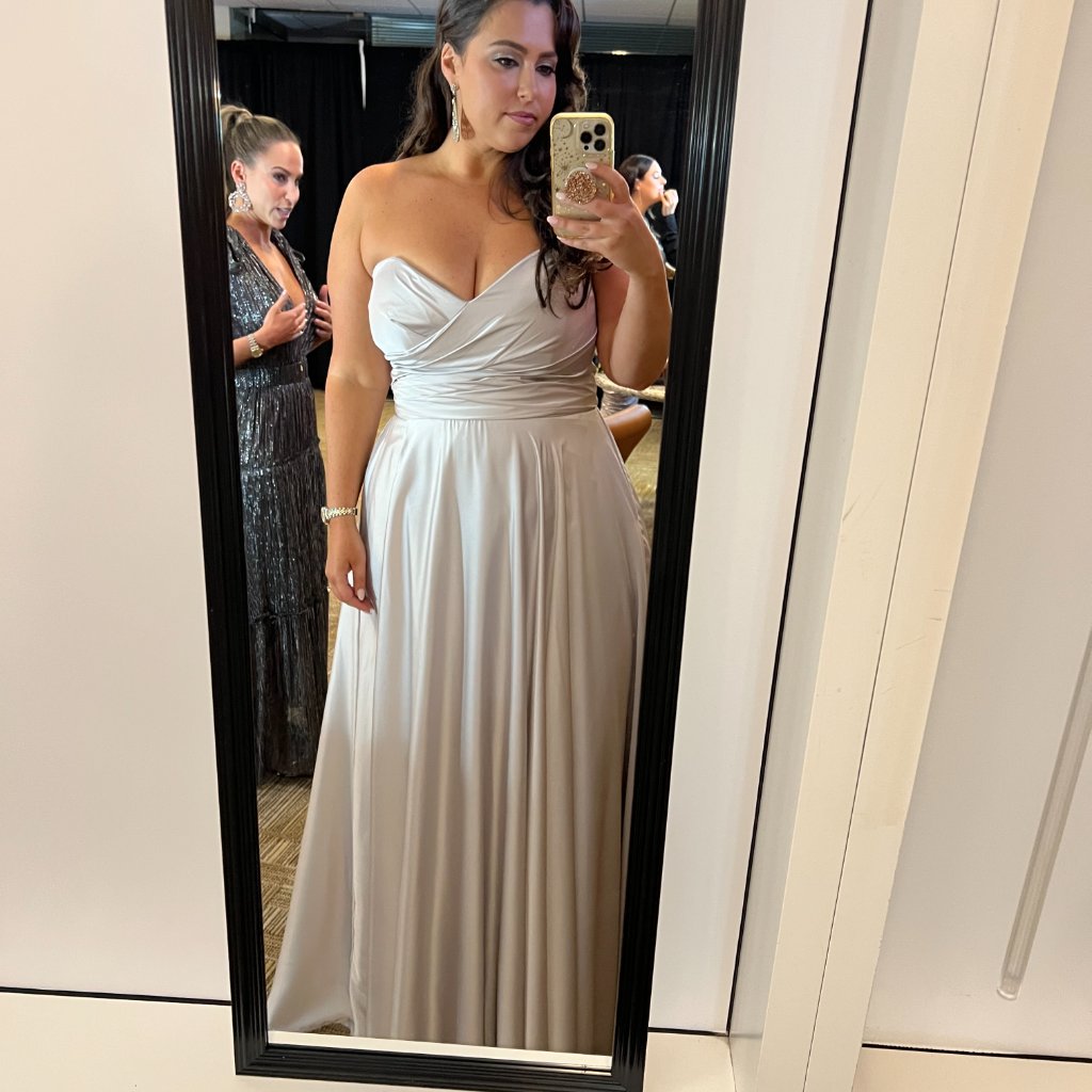 La Femme Strapless Slit Satin Ballgown In Silver